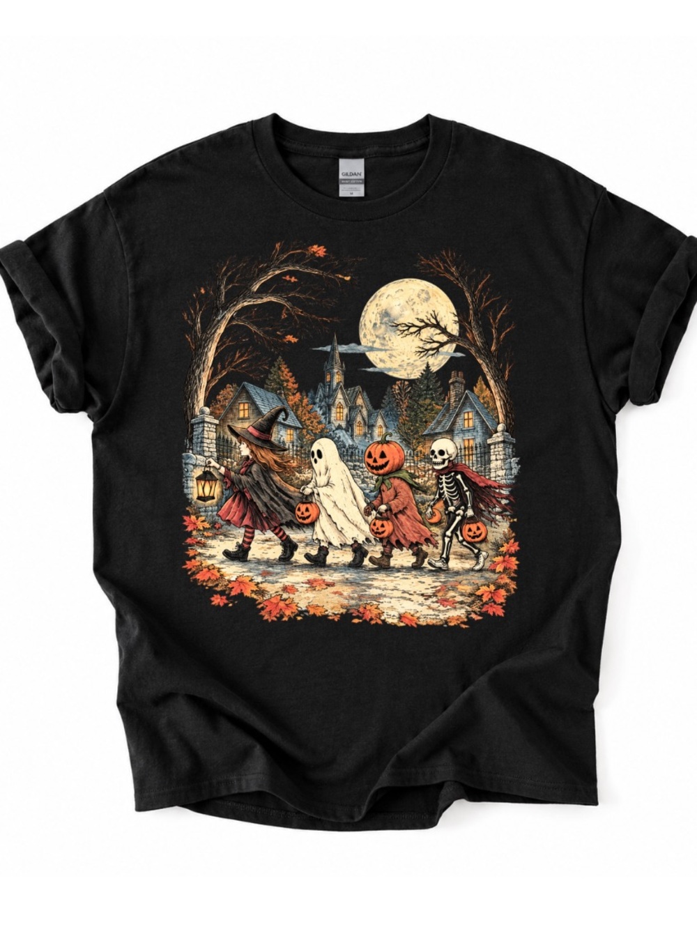 Gildan Black Vintage Halloween Trick-or-Treat Graphic Tee, Haunted Fall Gift